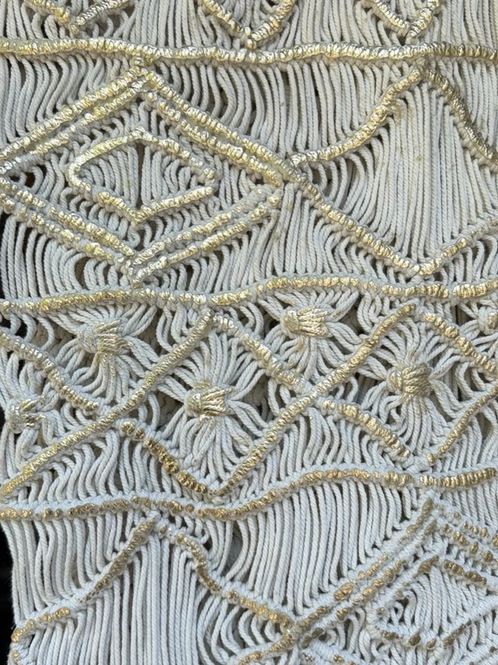 Anthropologie Cream Macramé Table Runner with Gold Accents